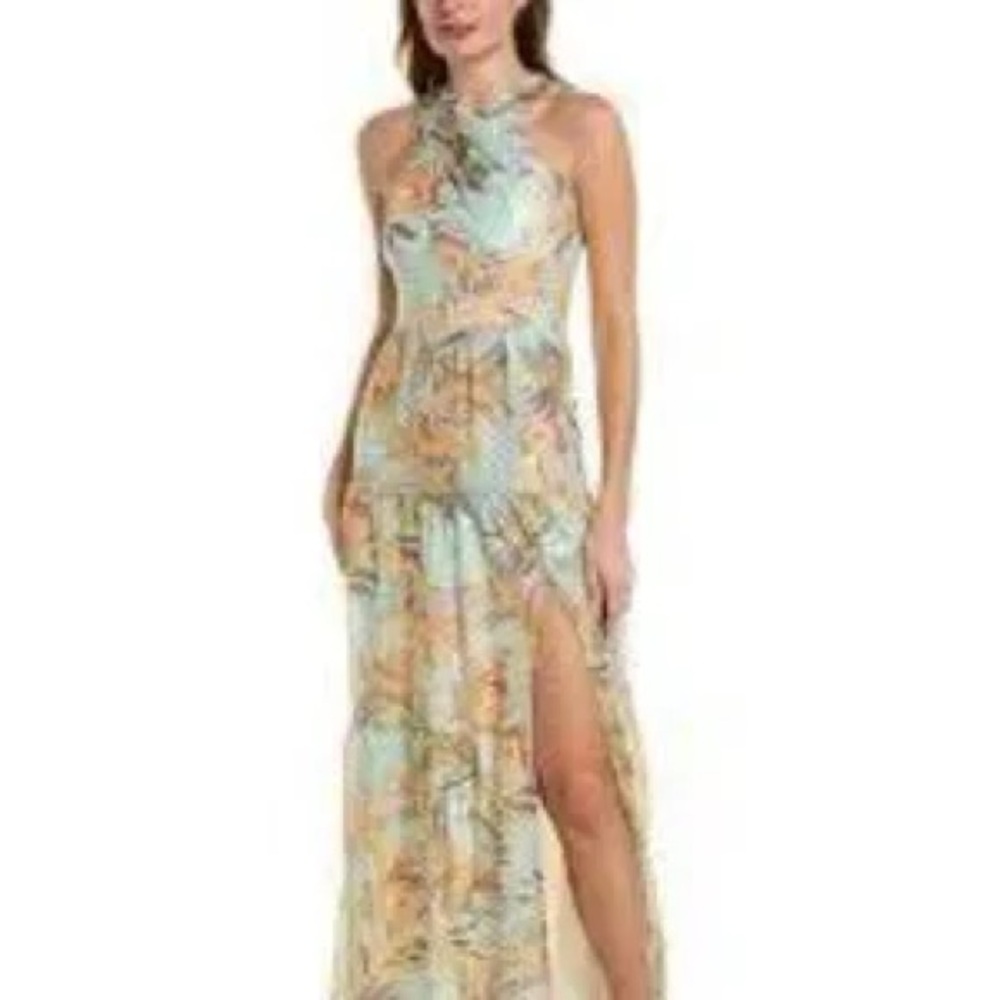 Aidan Mattox Tiered Maxi Halter Dress- teal, orange, pink, purple, gold- Size 4
